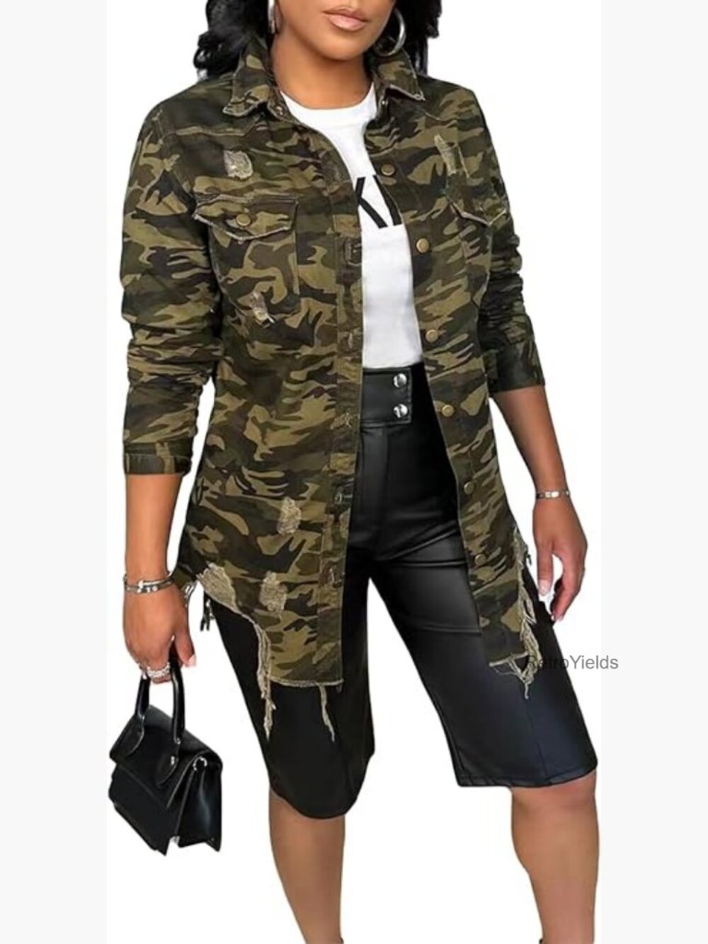 Ripped Camo Jacket Long Sleeve Distressed Fray Fringe Hem Army Fatigue Trucker